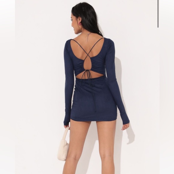 Lucy in the Sky Long Sleeve Bodycon Dress in Blue Suede - Picture 4 of 8